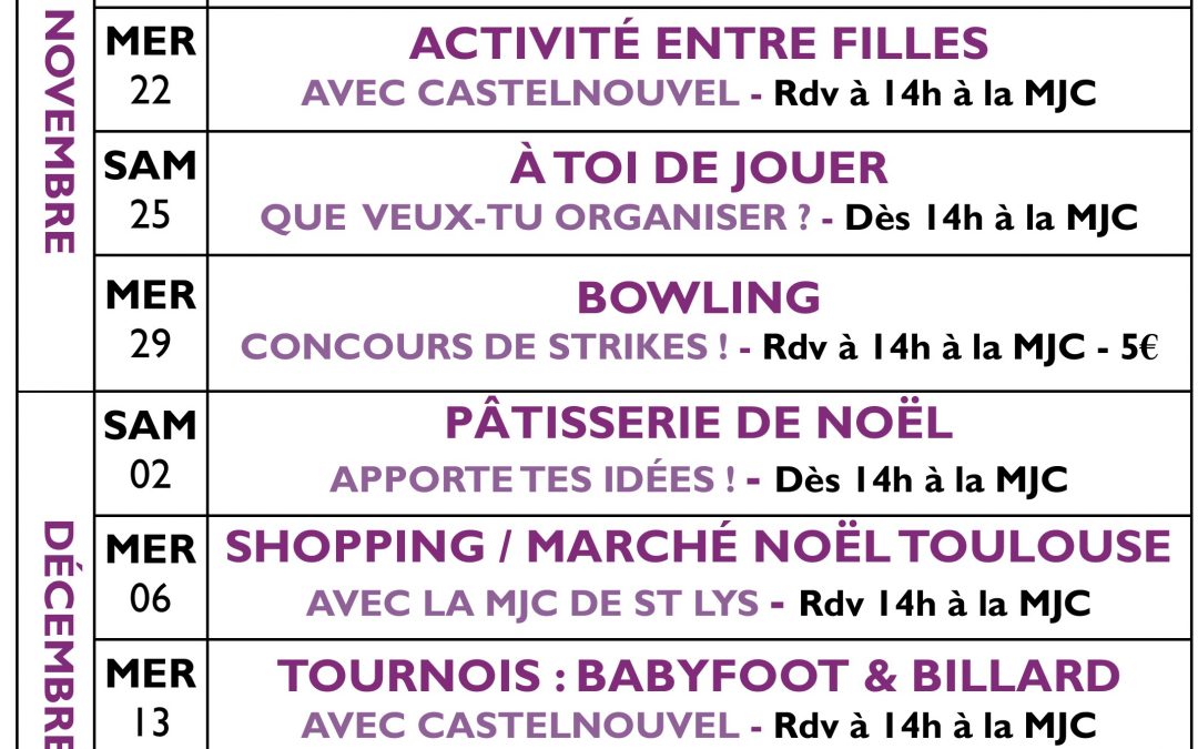 PROGRAMME JEUNESSE NOVEMBRE / DÉCEMBRE 2017